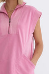 Entro Mineral washed pink half zip terry knit short sleeve sweatshirt dress