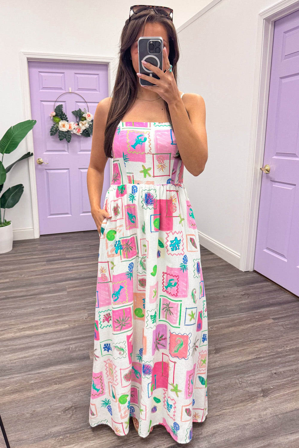 multicolor vibrant beach themed print sleeveless maxi dress