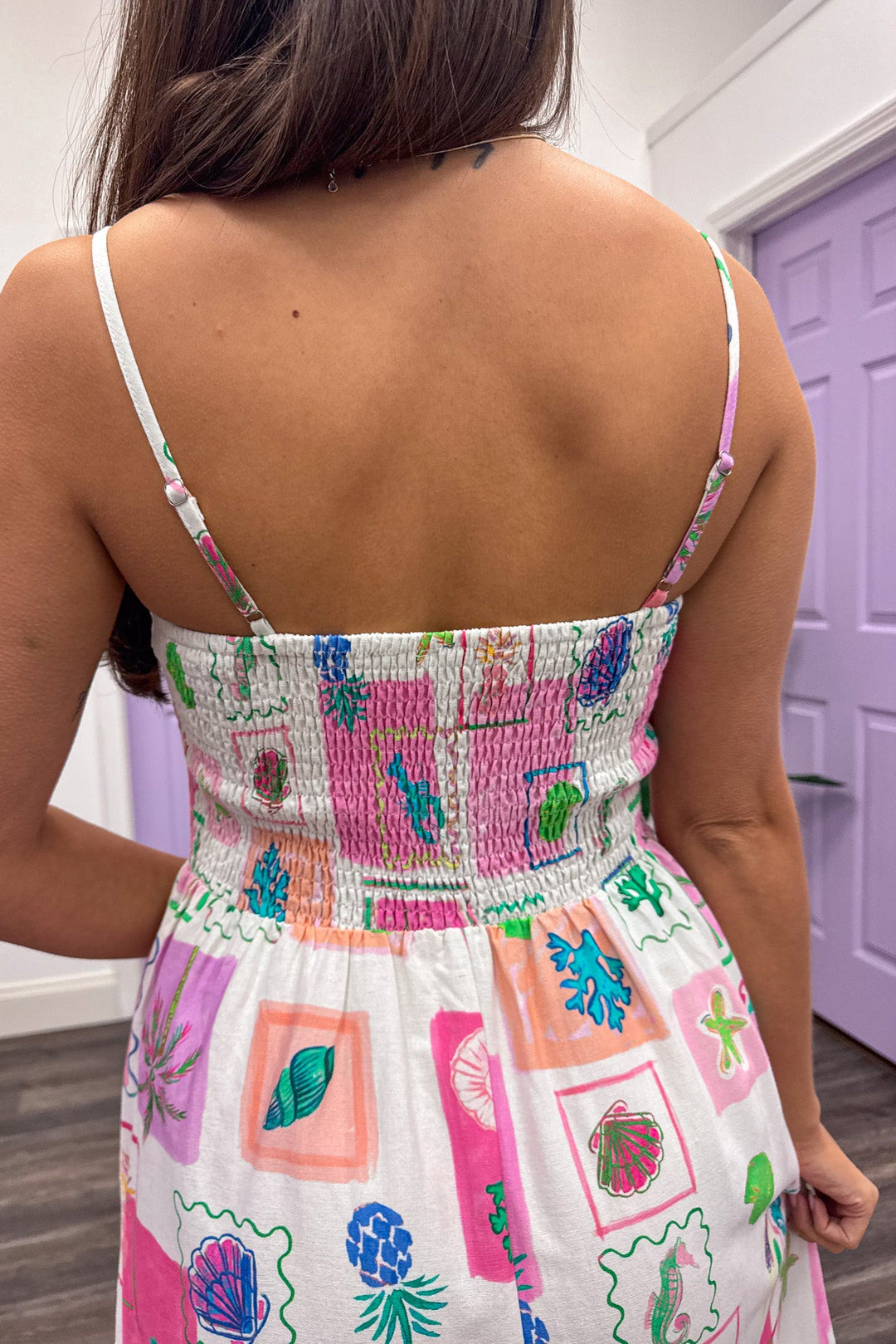 pink and cream beach themed print sleeveless maxi dress smocked back