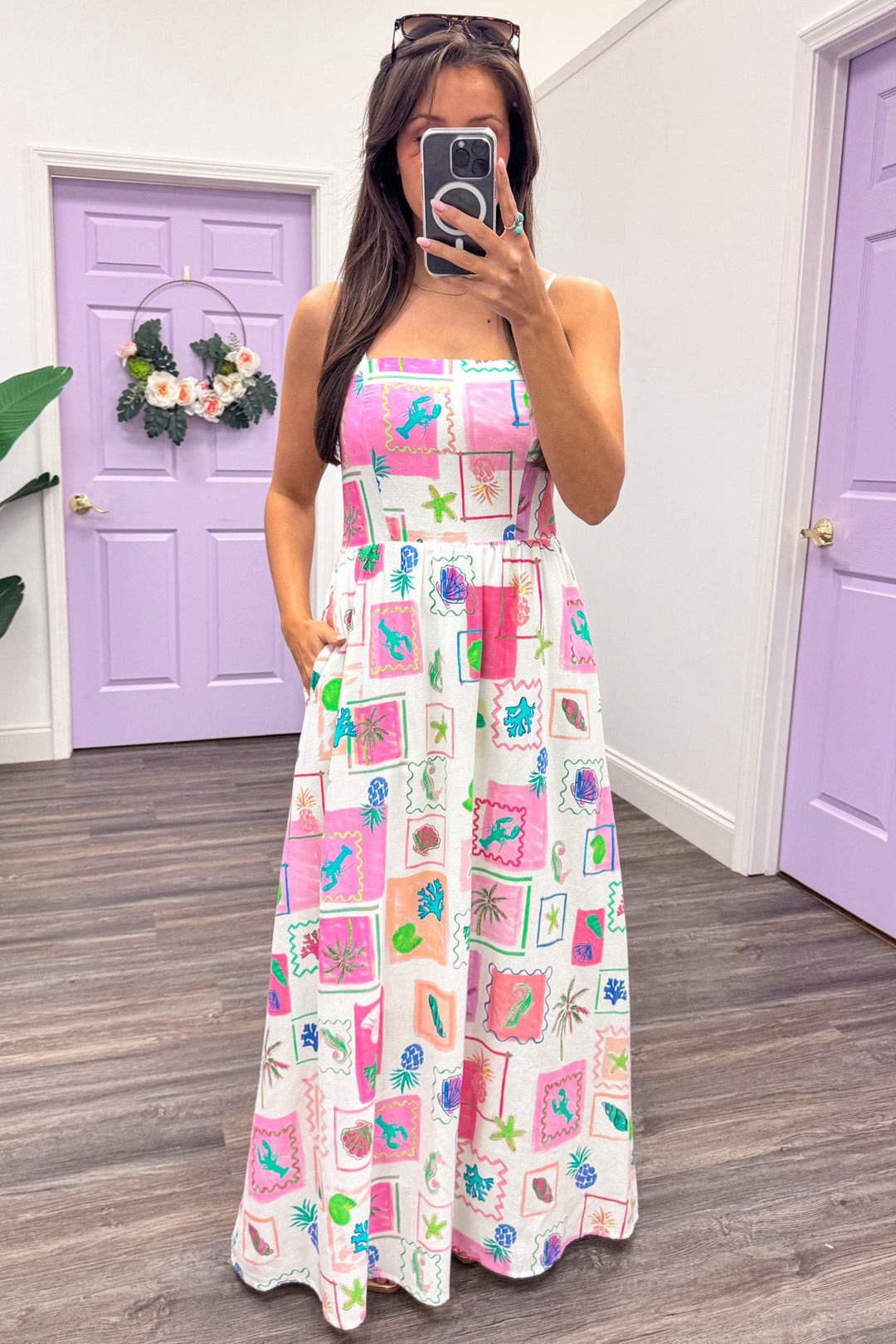 pink and cream beach themed print sleeveless maxi dress