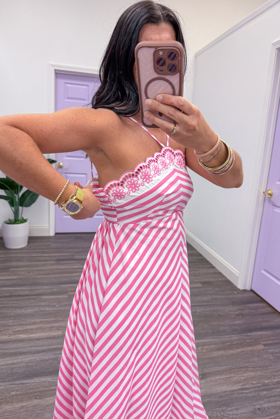 pink and white chevron striped sleeveless midi dress stretch smocked back