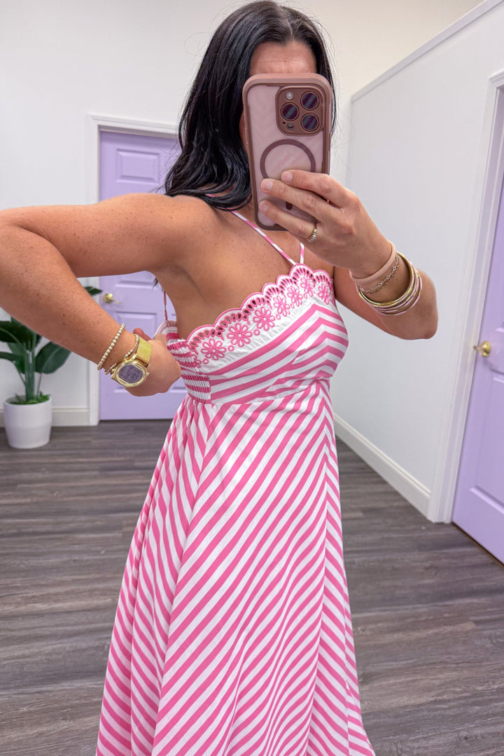 pink and white chevron striped sleeveless midi dress stretch smocked back