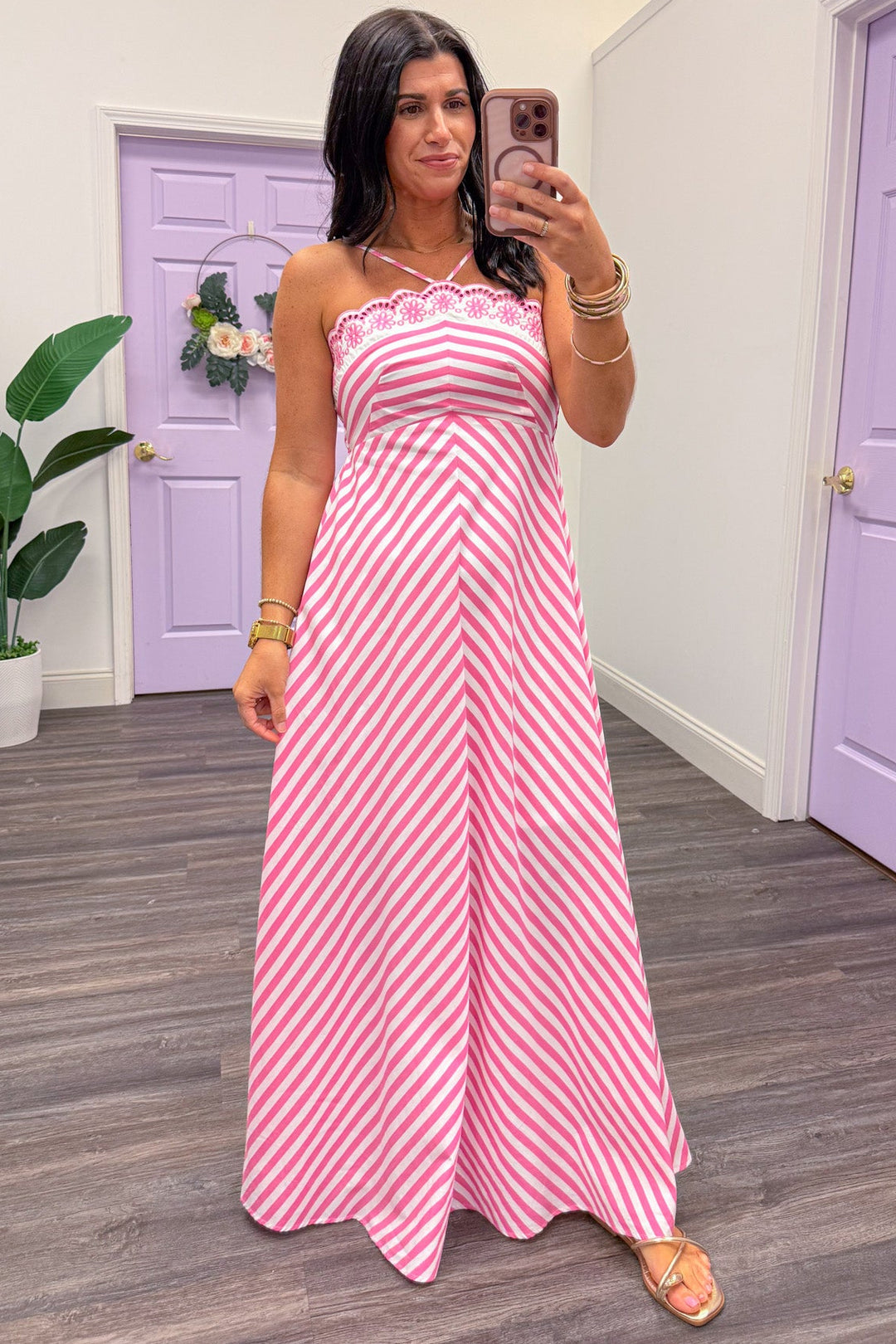 pink and white chevron striped sleeveless midi dress