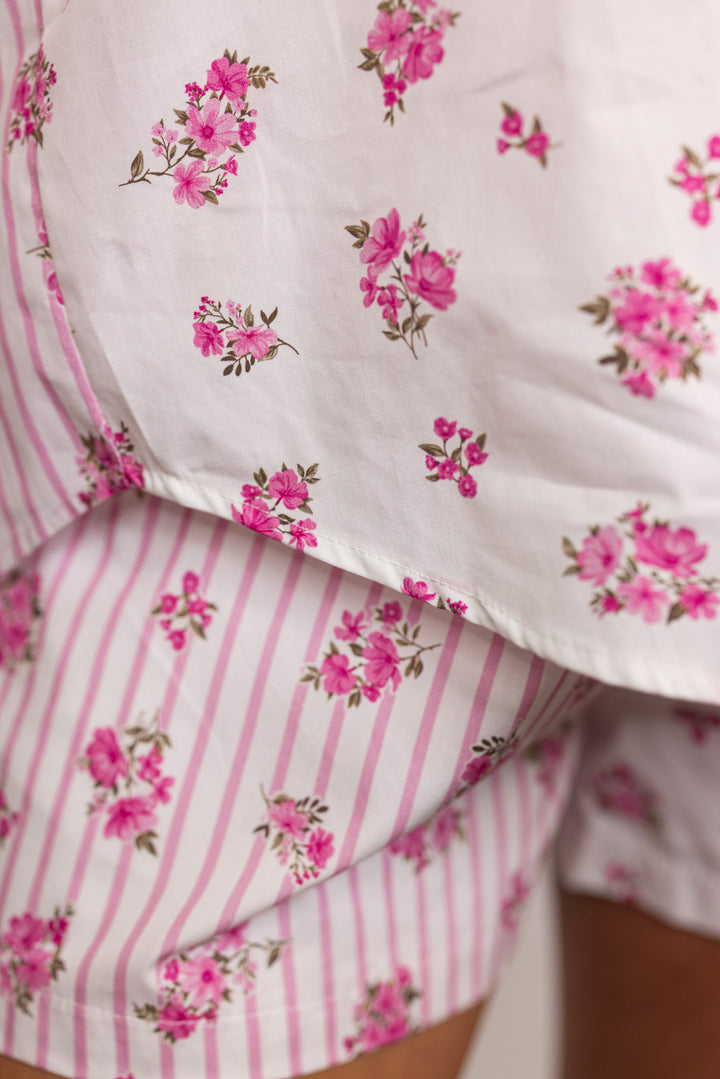 pink white floral linen cotton shorts