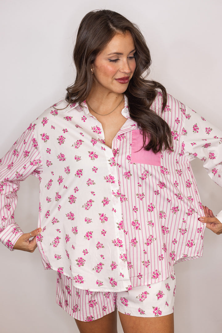 white pink stripe floral button up top