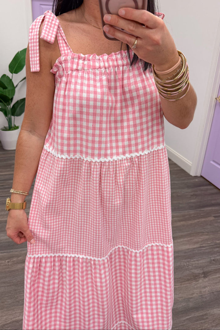 light pink and white gingham print sleeveless tiered ric rac trim midi dress