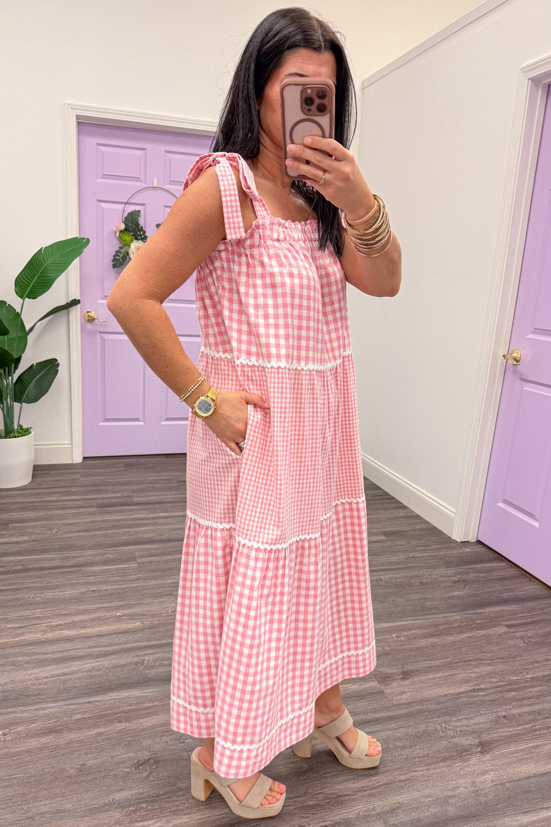 light pink and white gingham print sleeveless tiered midi dress side pockets