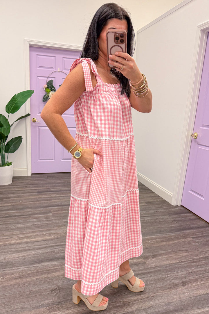 light pink and white gingham print sleeveless tiered midi dress side pockets