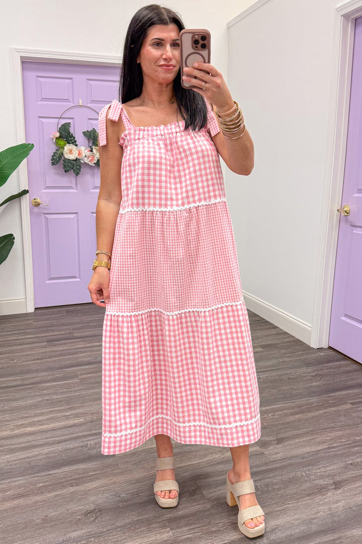 light pink and white gingham print sleeveless square neckline tiered midi dress
