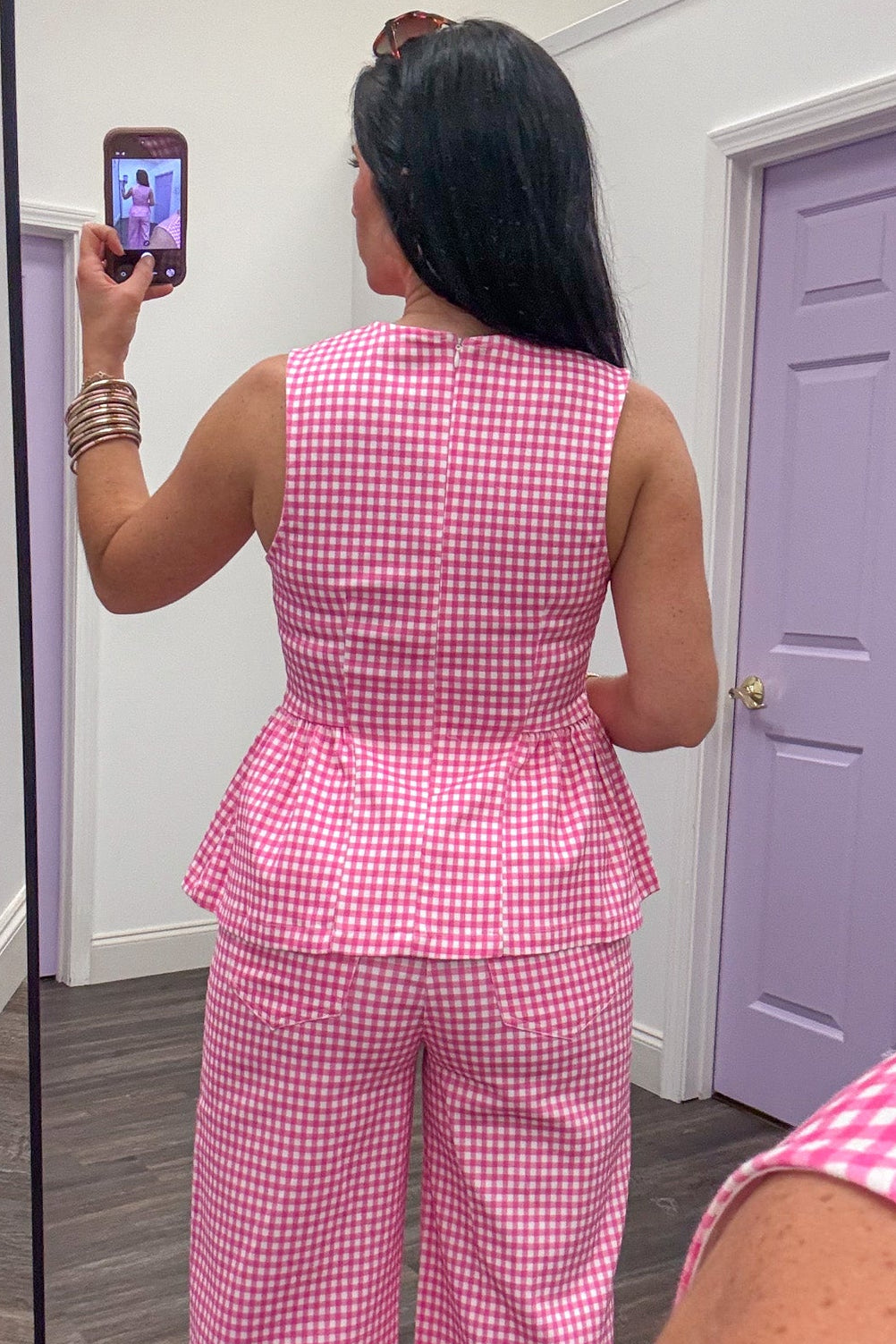 pink and white checkered gingham print peplum top back zipper closure