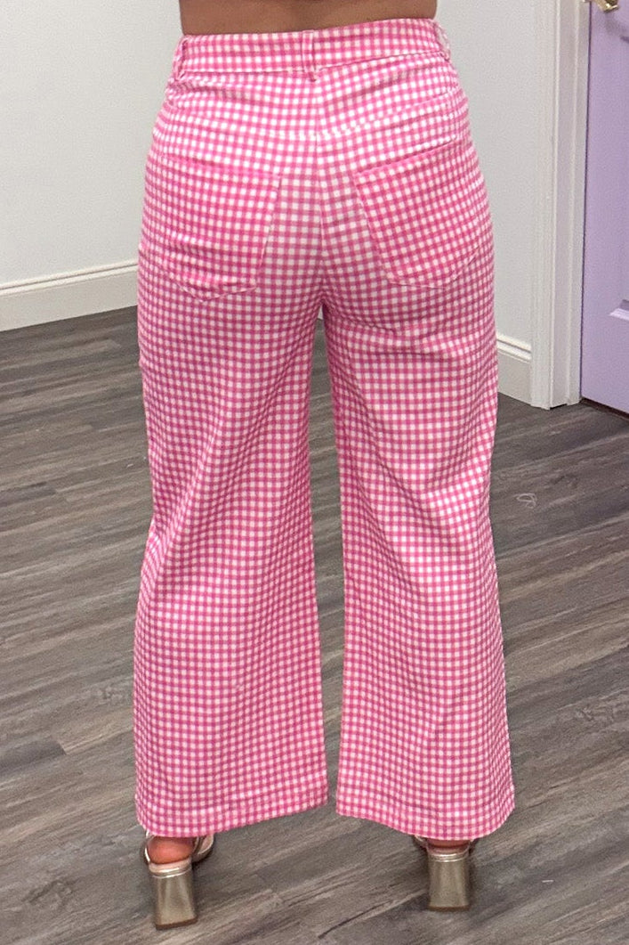 pink and white checkered gingham print twill wide leg pants belt loops