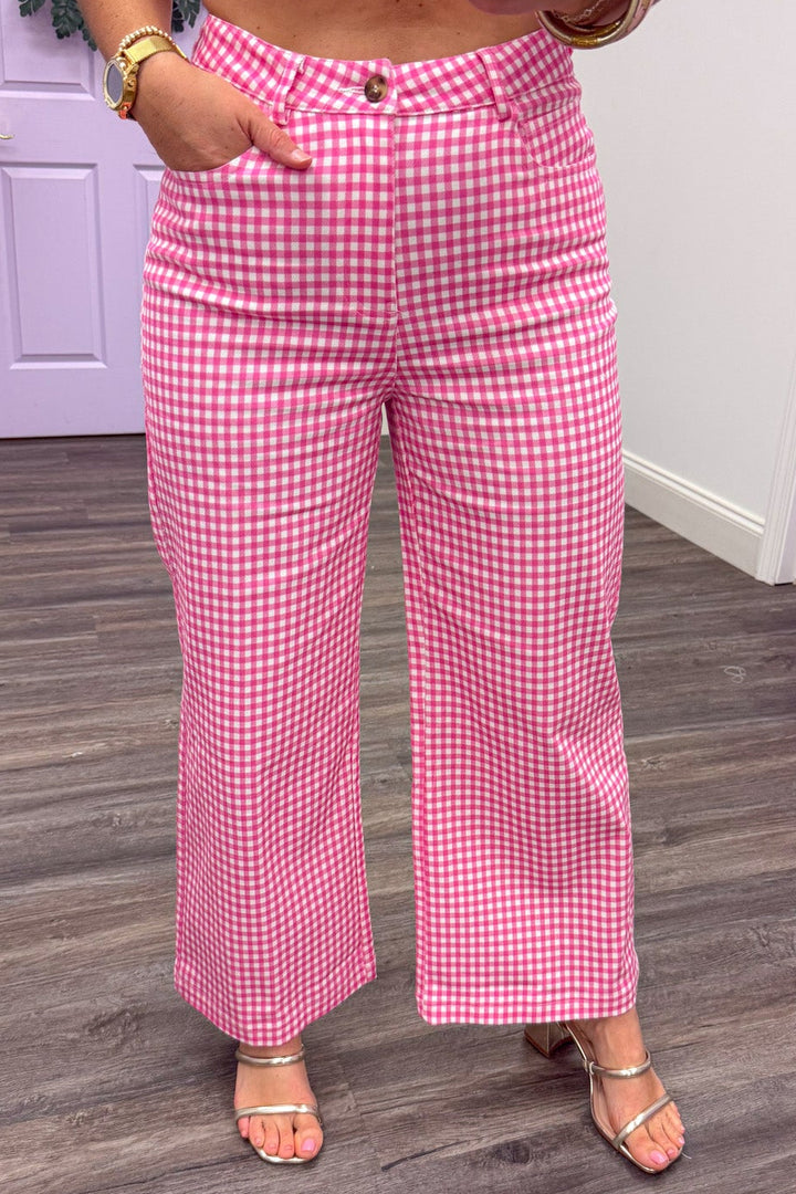 pink and white checkered gingham print wide leg pants 5 pocket design