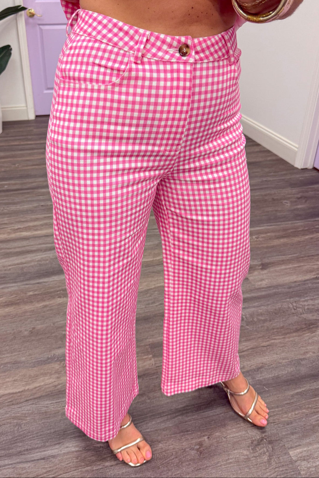 pink and white checkered gingham wide leg pants button zipper closure