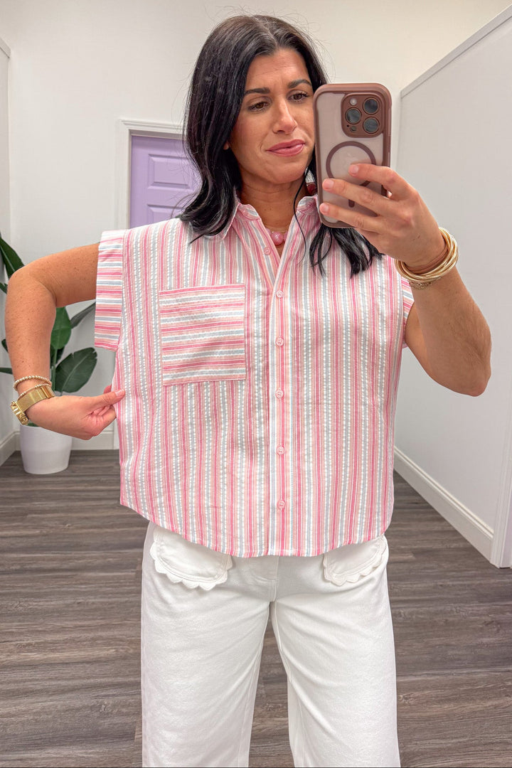 pink and white vertical striped button down cap sleeve collared blouse