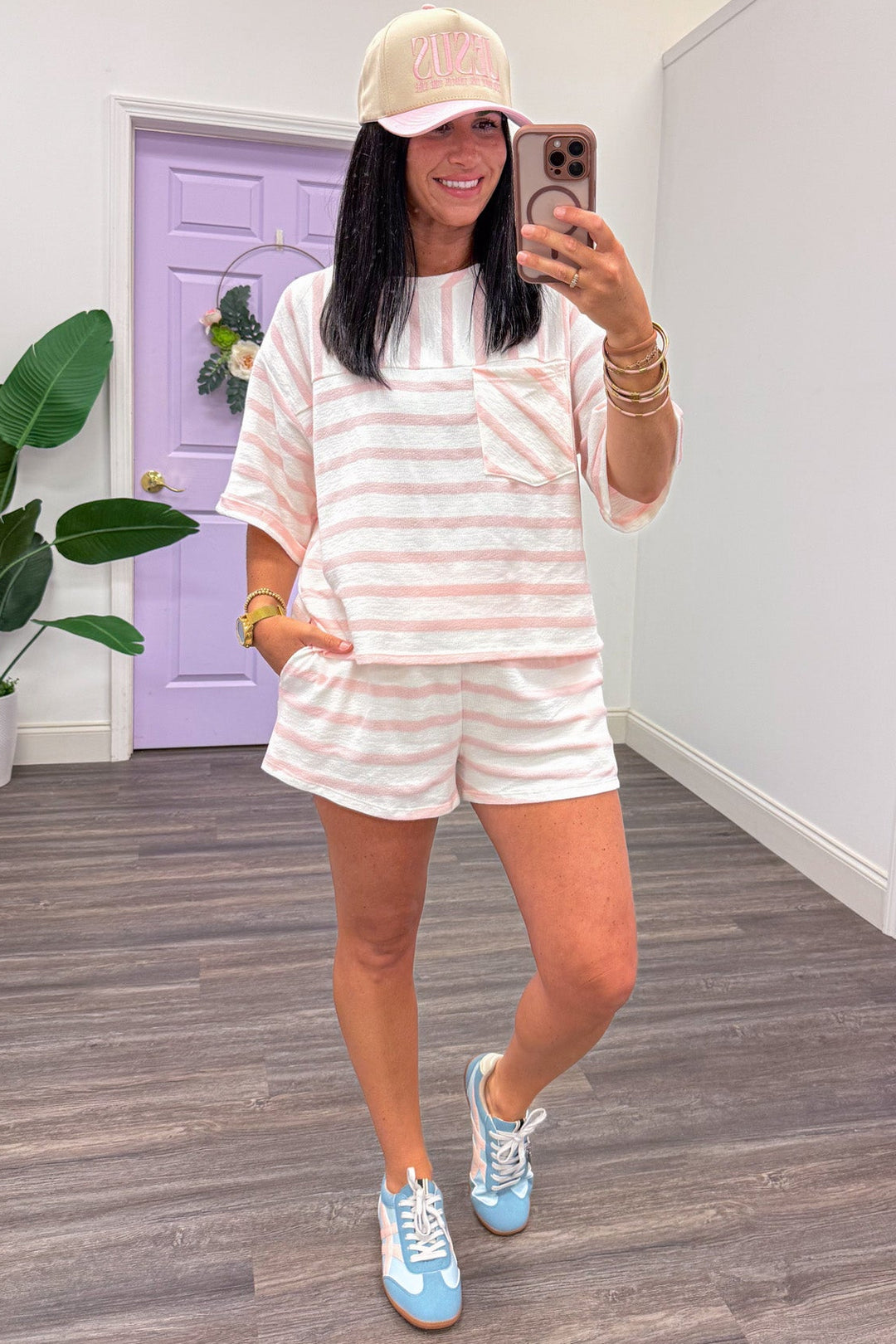 pink and white striped lightweight knit shorts