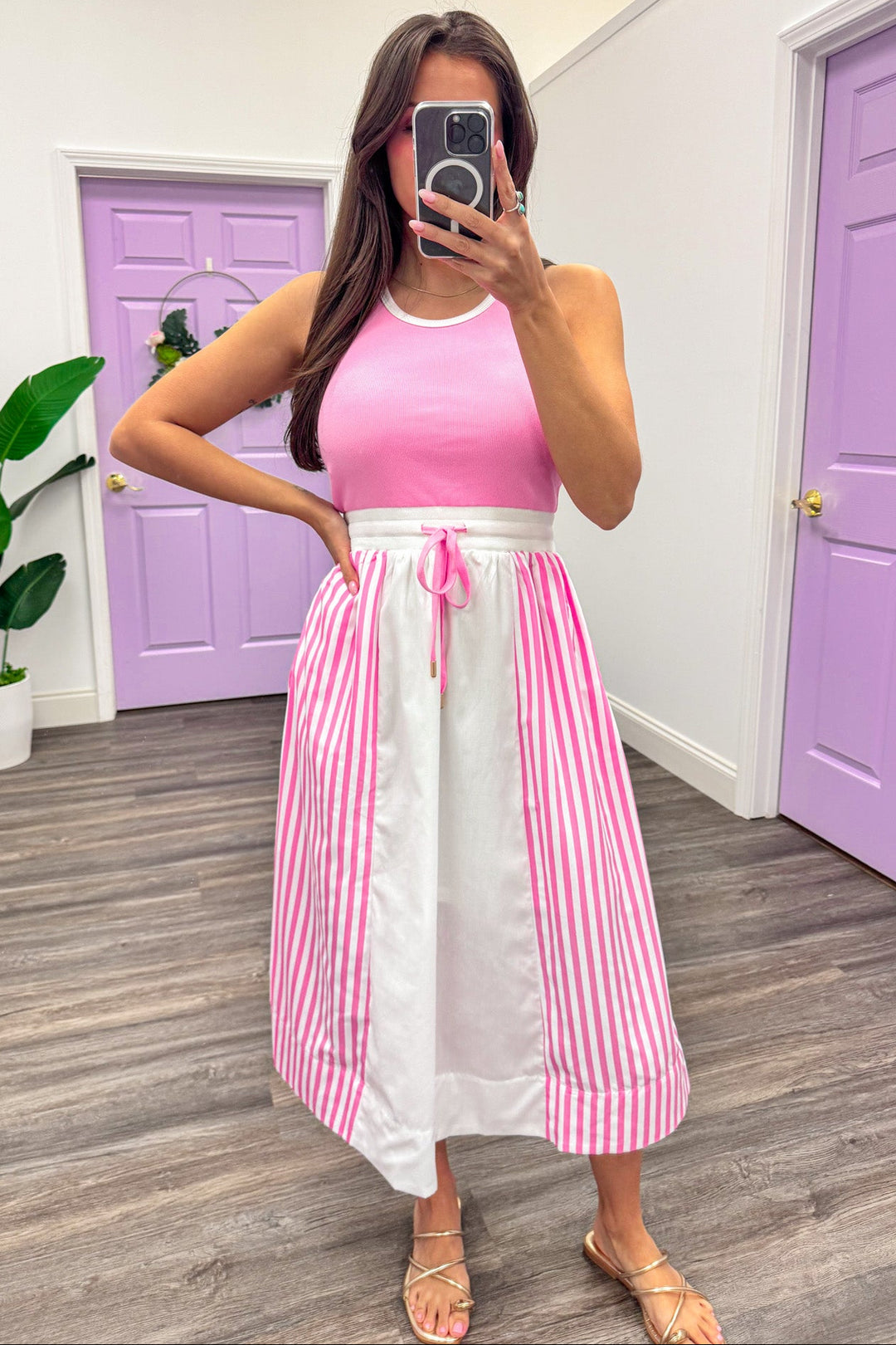 Pink ribbed top white striped skirt colorblock midi dress