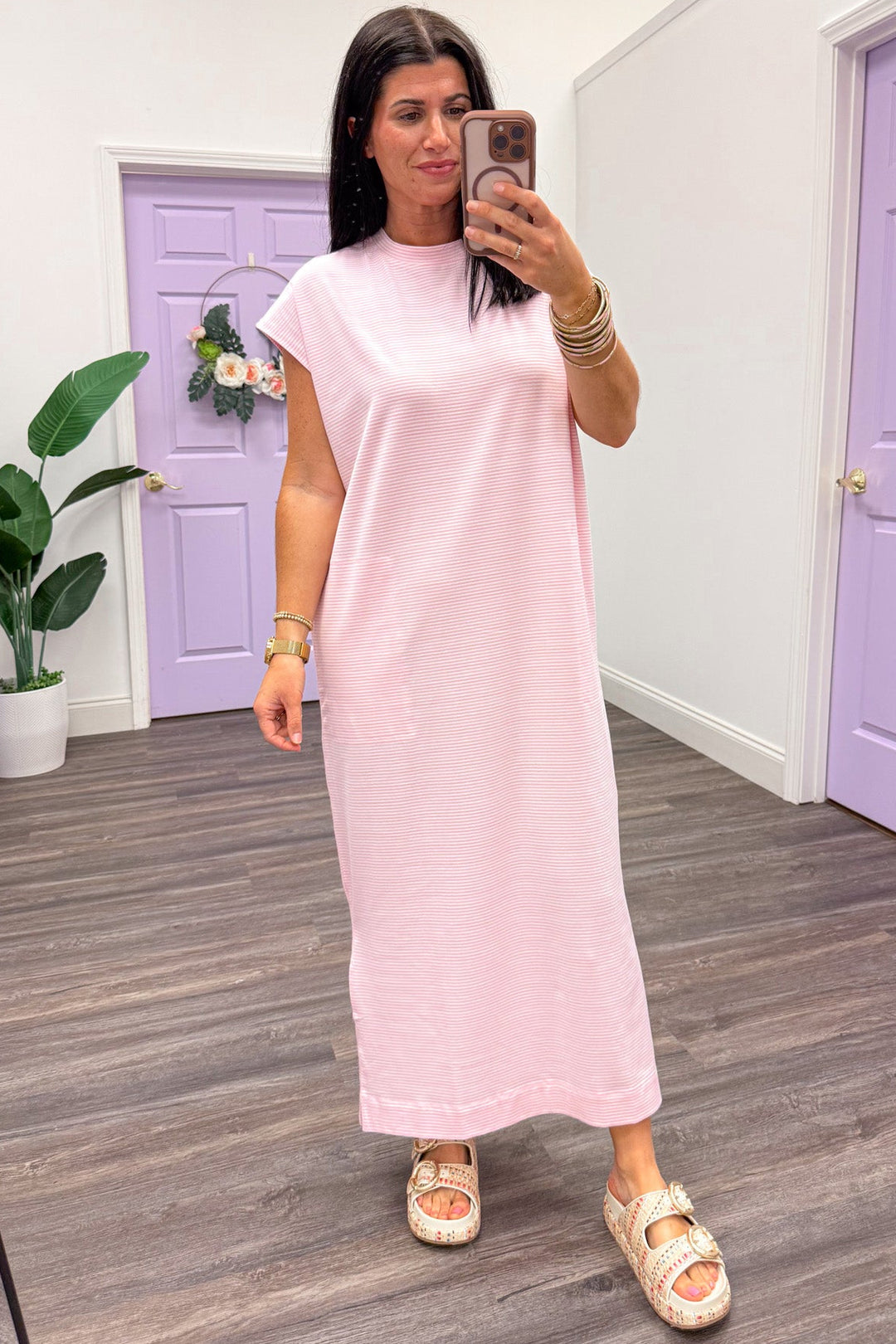 light pink and white horizontal striped short sleeve knit midi dress