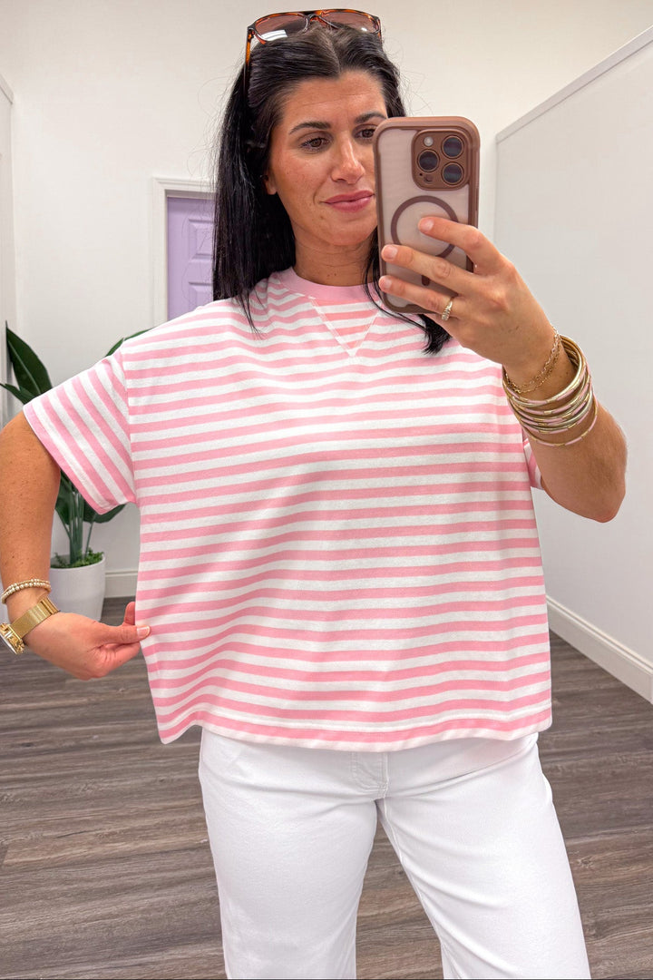 light pink and white horizontal striped short sleeve knit top relaxed silhouette