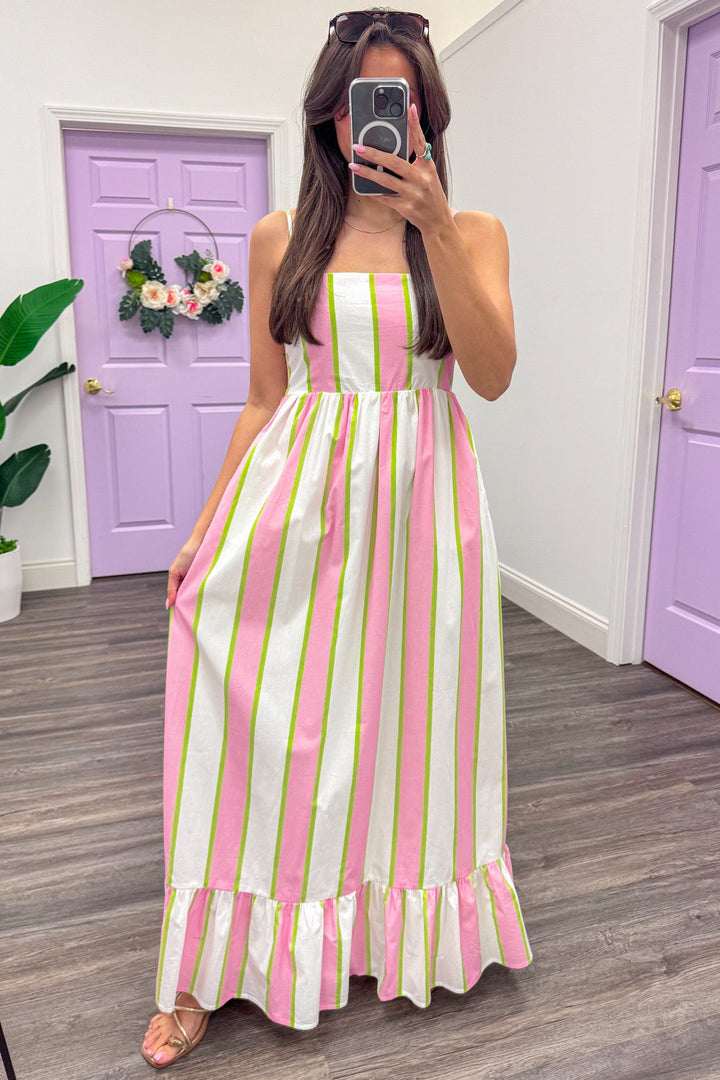 pink cream lime vertical striped flowy ruffle hem sleeveless maxi dress