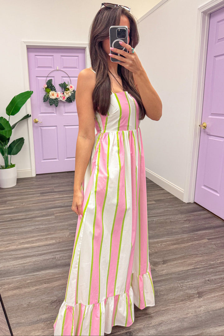 pink cream lime vertical striped ruffle hem square neckline maxi dress