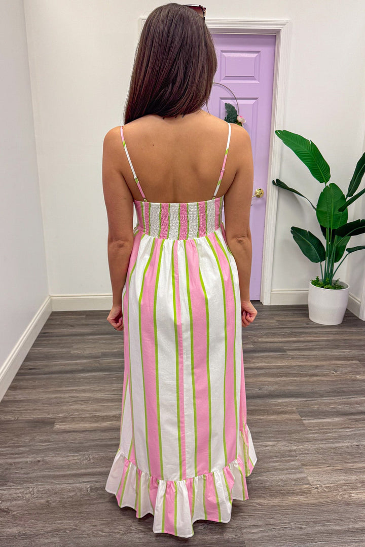 pink cream lime vertical striped adjustable spaghetti strap sleeveless maxi dress