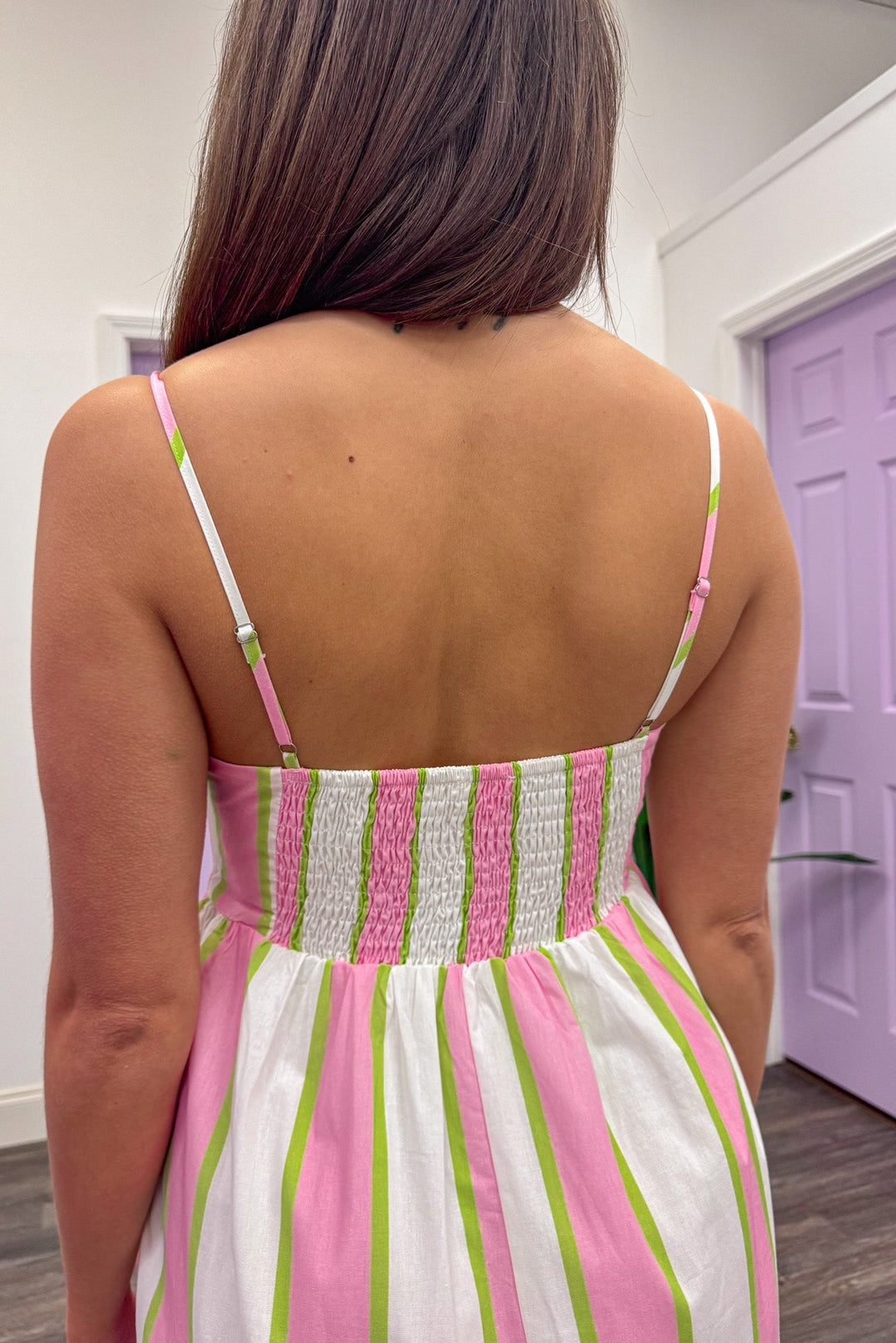 pink cream lime vertical striped ruffle hem smocked back maxi dress