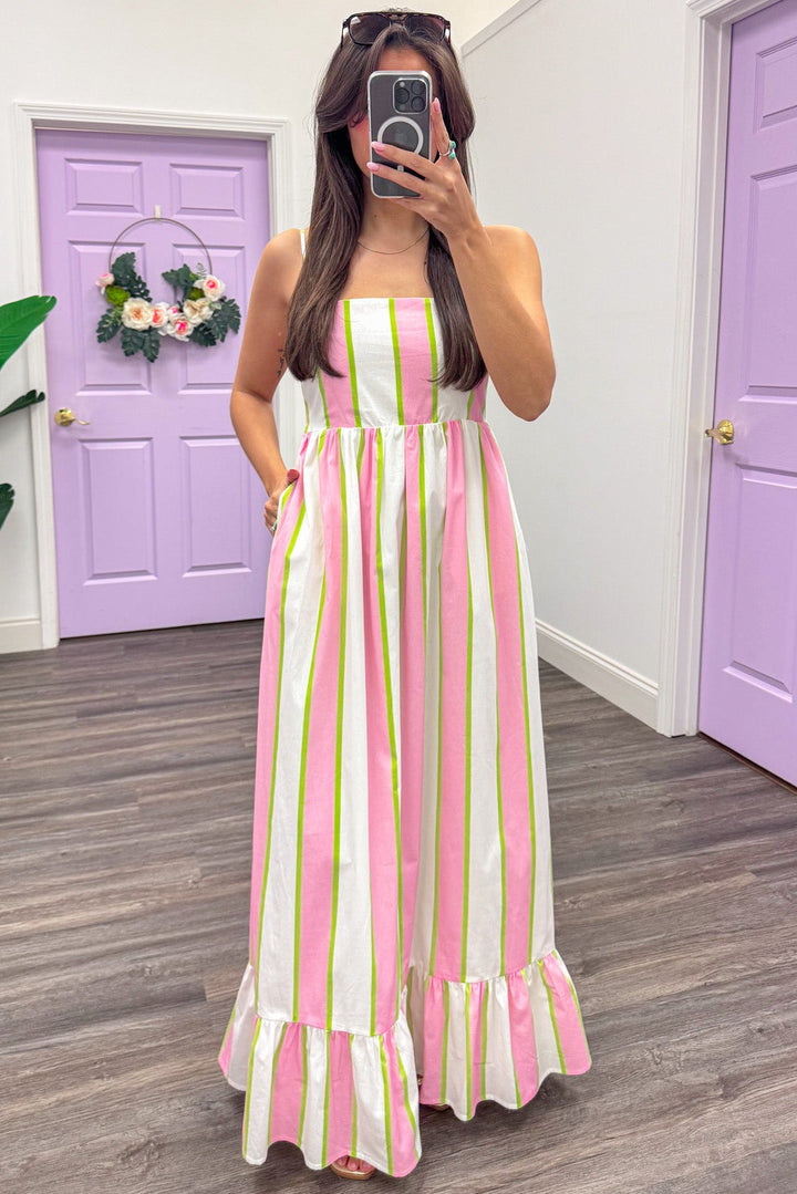pink cream lime vertical striped ruffle hem sleeveless maxi dress