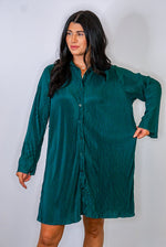 deep emerald pleated satin shirt dress