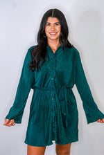 deep emerald pleated satin shirt dress