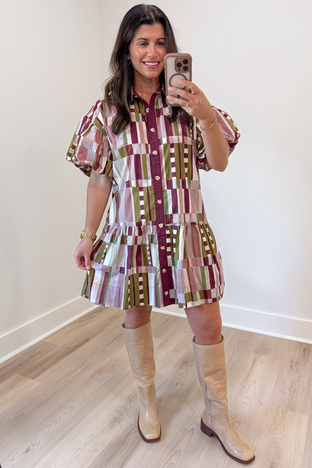 plum and multicolored abstract print short sleeve button front short dress
