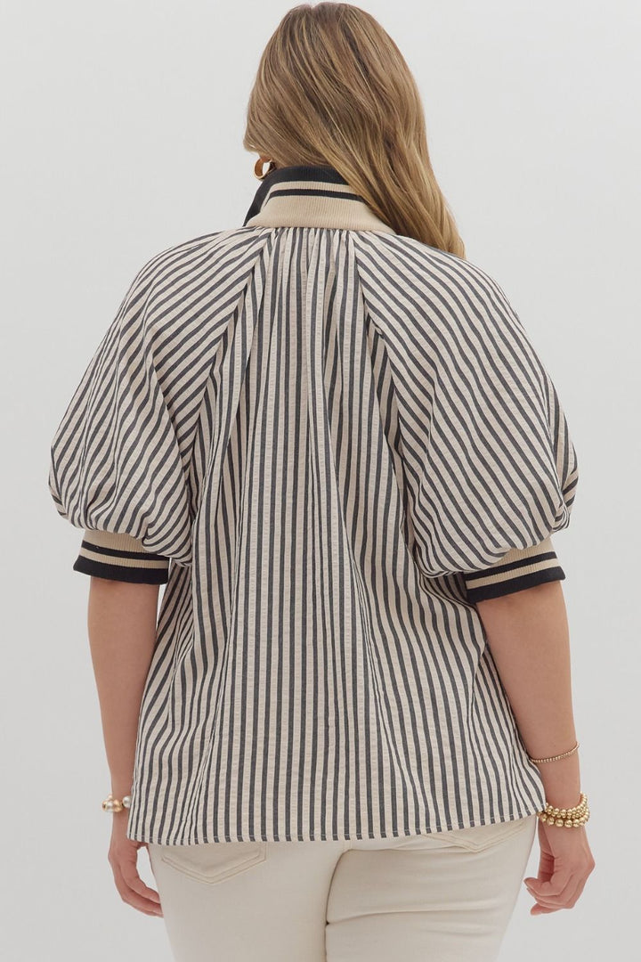 Women's plus black and cream striped top with black and cream ribbed trim detail by Entro showing back view