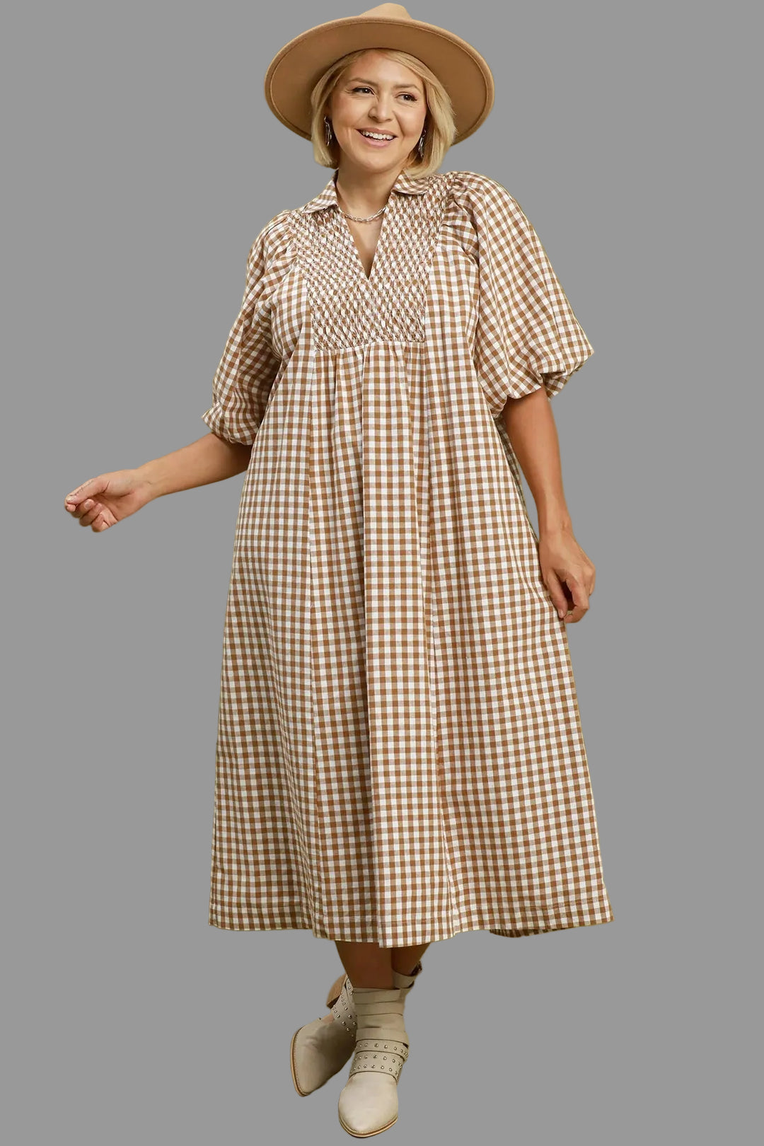 Umgee Plus Size Caramel Tan Gingham Midi Dress – Purple Door Boutique