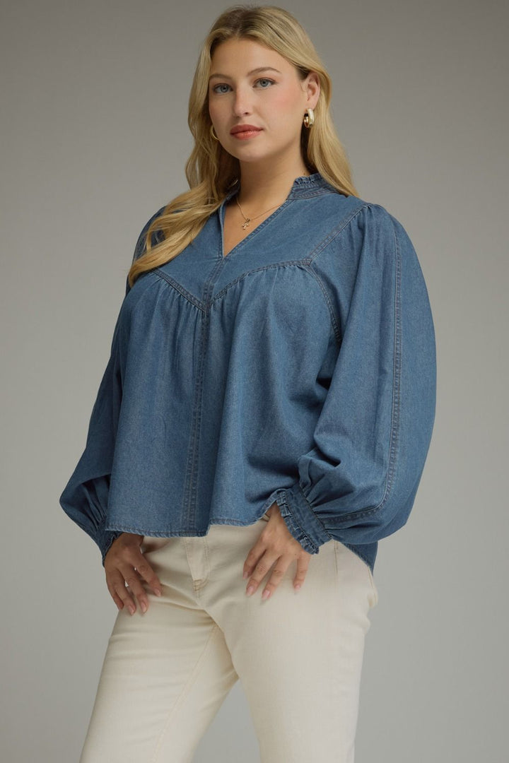 Entro plus size washed denim babydoll top with balloon sleeves