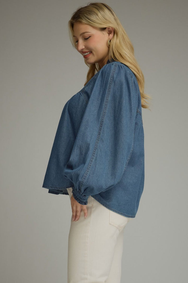 Entro plus size washed denim babydoll top with a v neckline