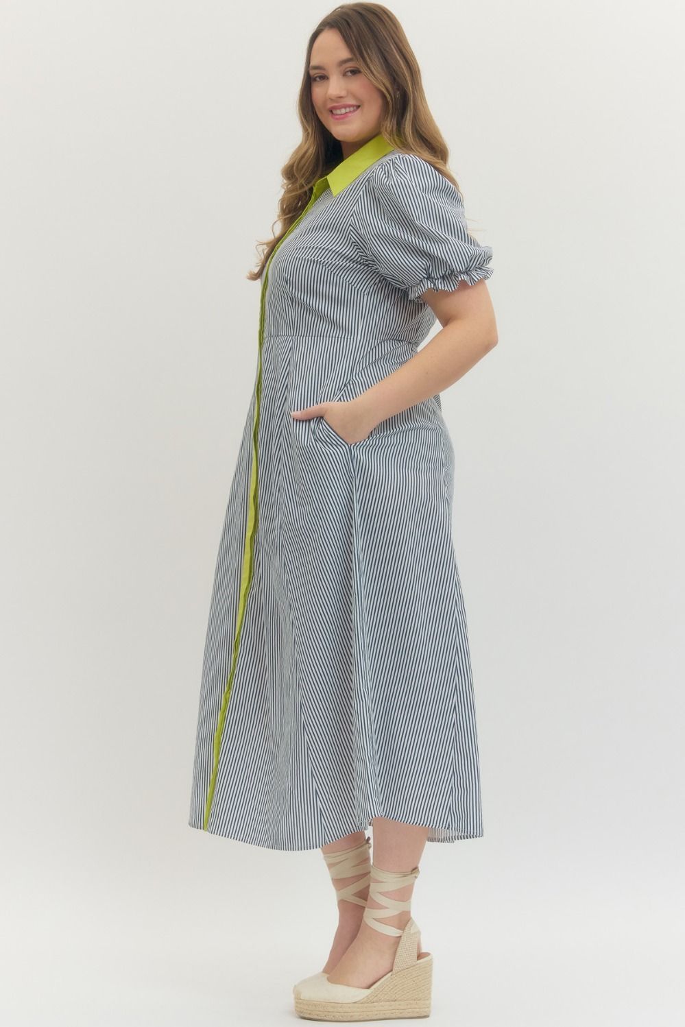 Women's plus size navy striped and lime midi dress with pockets