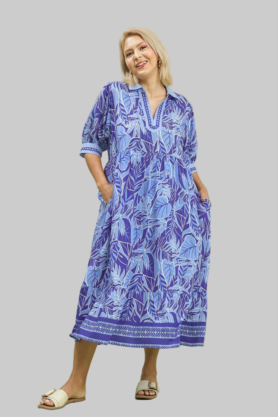 Umgee Blue Palm Leaf Print Plus Size Midi Dress 1X