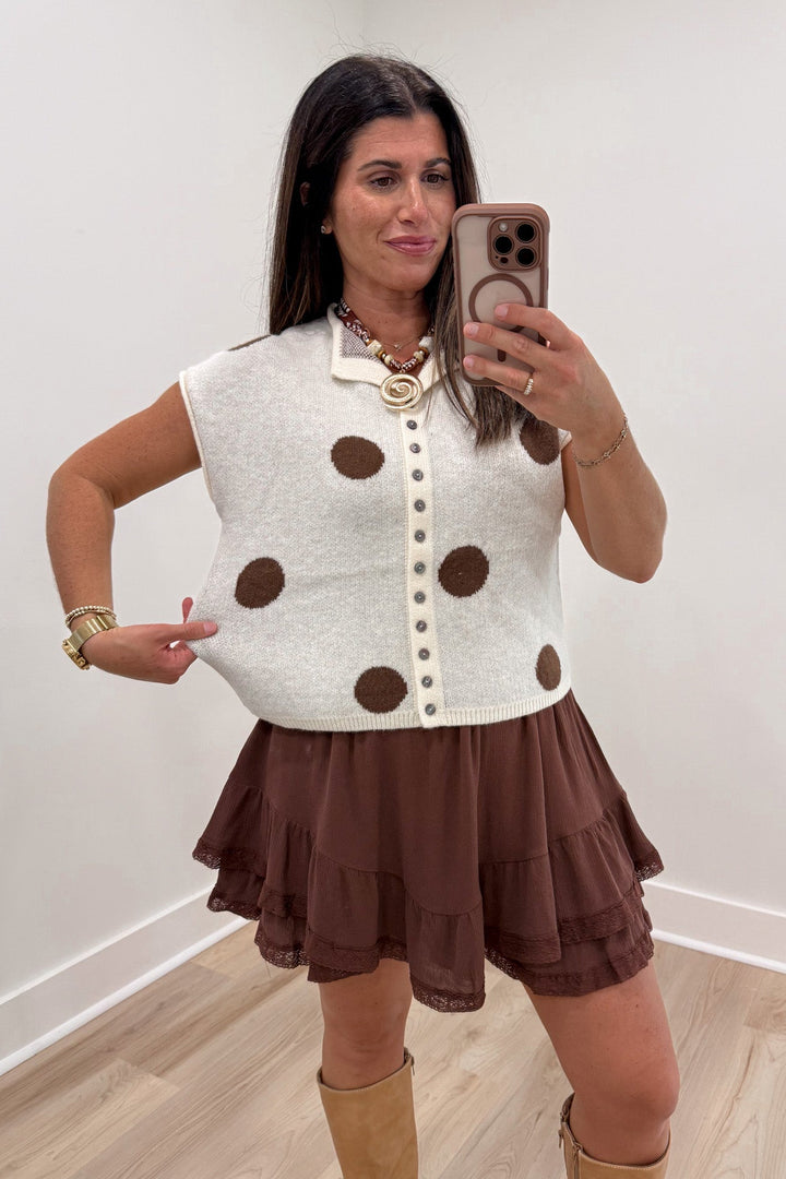 brown cream polka dot sweater knit top entro brand