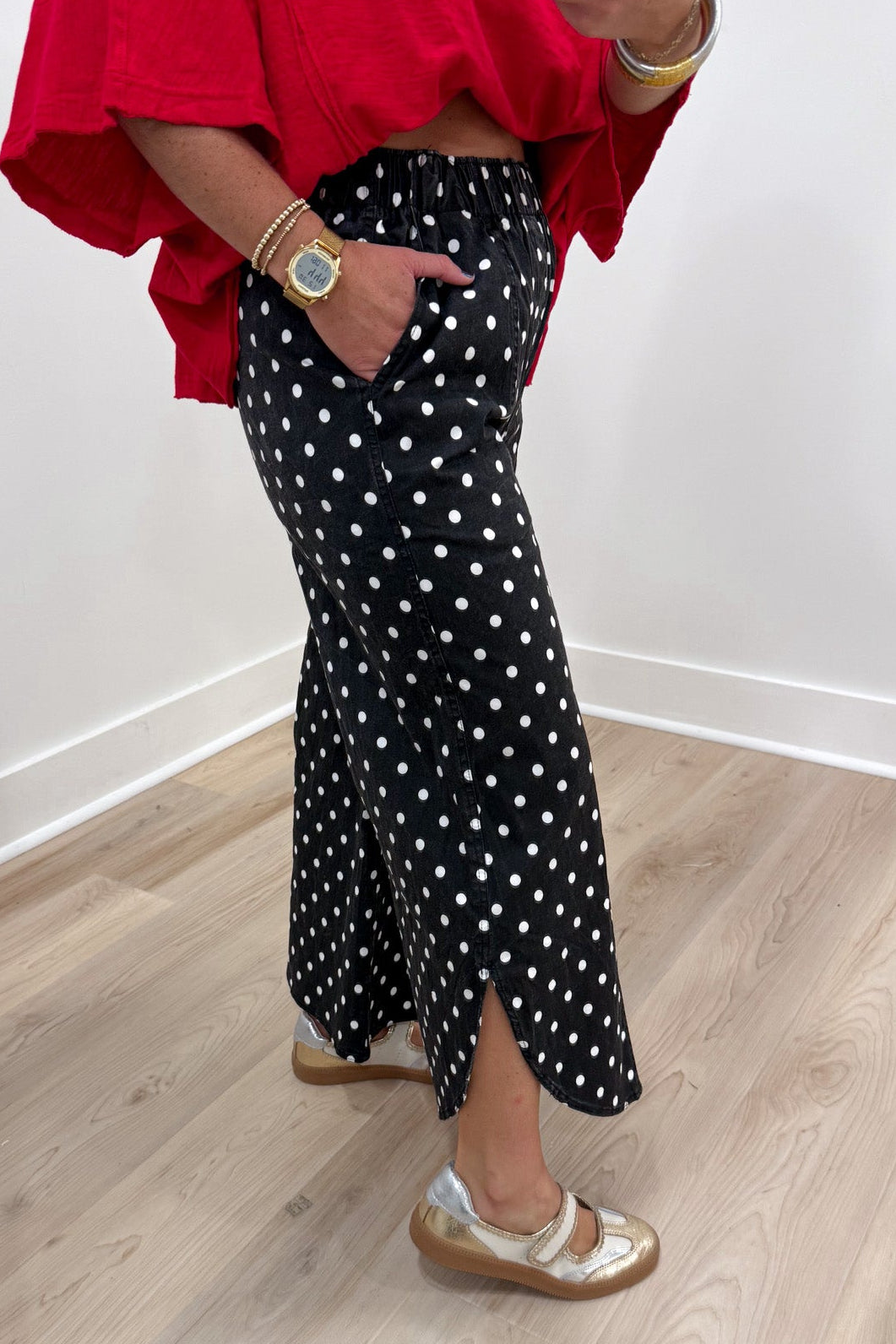 polka dot black and white pants side slits