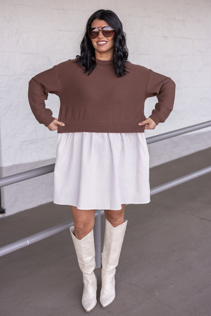 Women's taupe and cream dress with attached brown knit cropped cardigan by In February showing true to size fit
