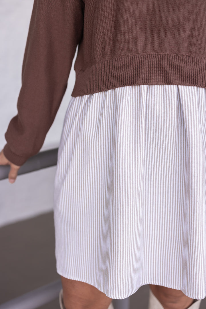 Women's taupe and cream dress with attached brown knit cropped cardigan by In February showing up close view of striped pattern