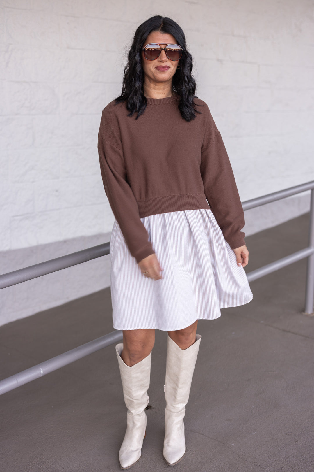 brown dress white cardigan Face the Day Brown Cardigan