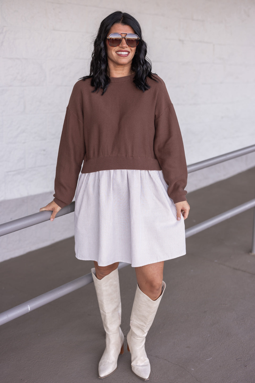 brown sweater dress Women's Taupe Striped Dress With Brown Sweater Cardigan Large