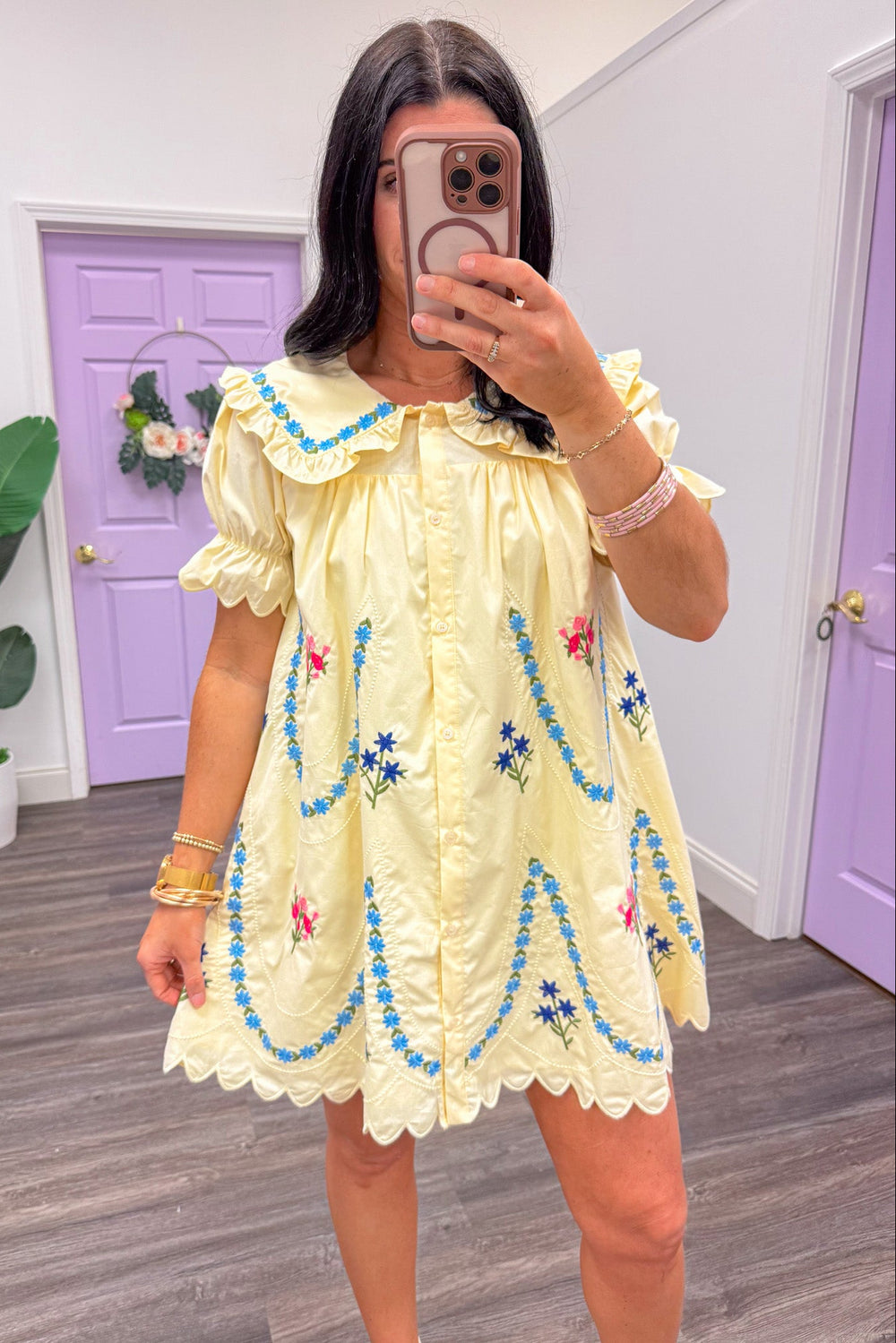 butter yellow floral embroidered short dress