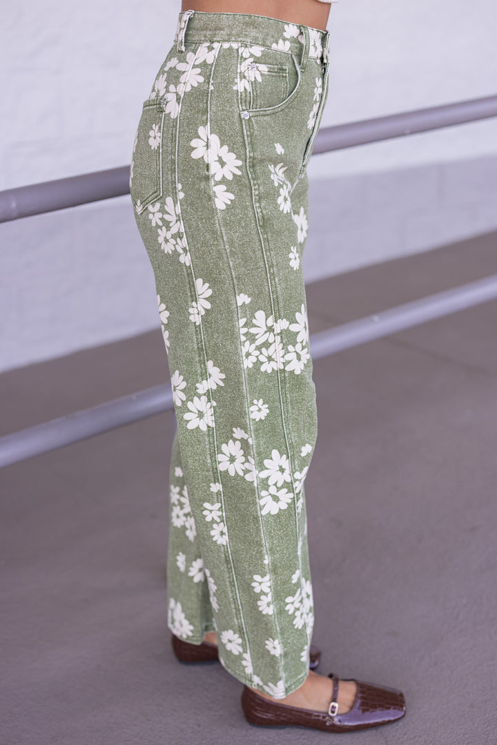 Women's washed olive twill floral print wide leg barrel pants by Entro showing side view