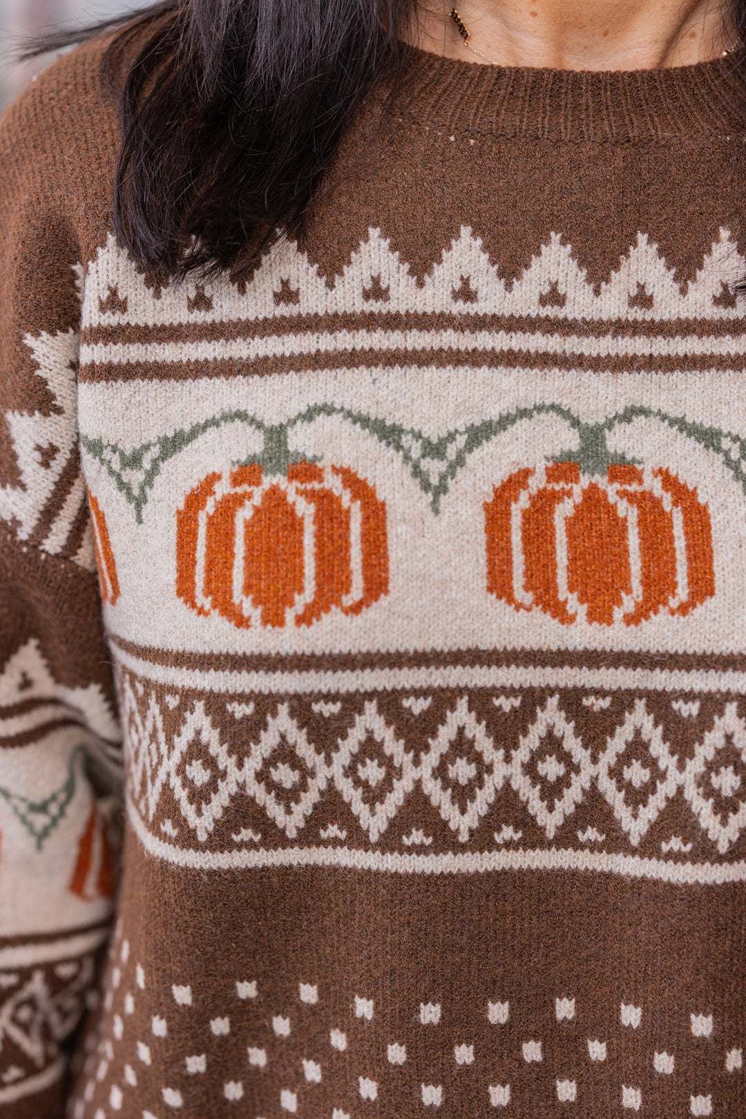 Women's chocolate brown and taupe sweater by Entro showing up close of orange pumpkin print by Entro