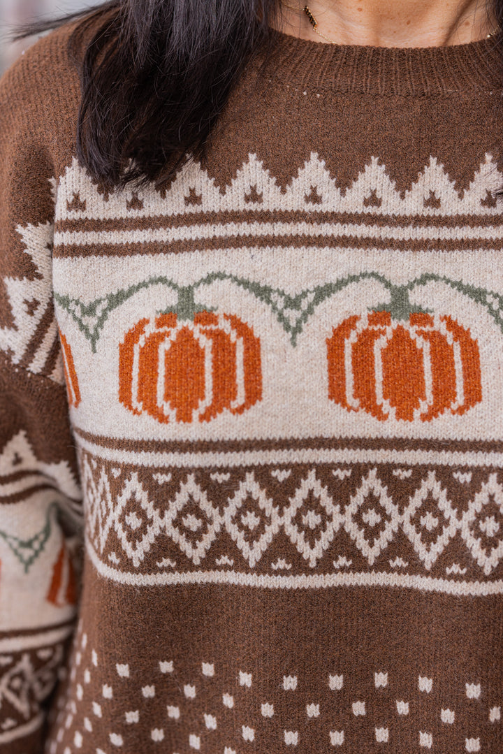 Women's chocolate brown and taupe sweater by Entro showing up close of orange pumpkin print by Entro