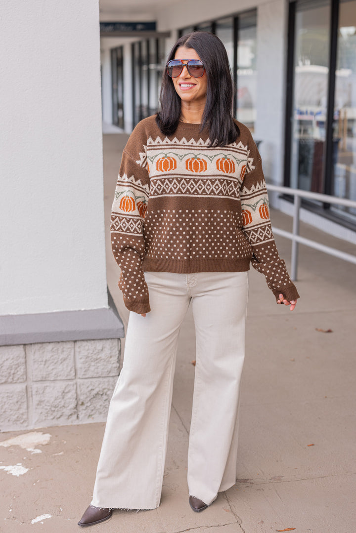 Women's chocolate brown and taupe sweater with orange pumpkin print by Entro showing full front view