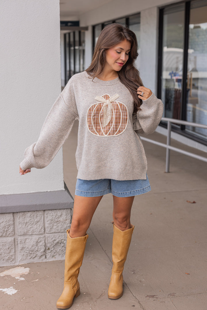Women's trendy and cute grey knit sweater with a brown plaid pumpkin and cream lace detail on front by Fantastic Fawn