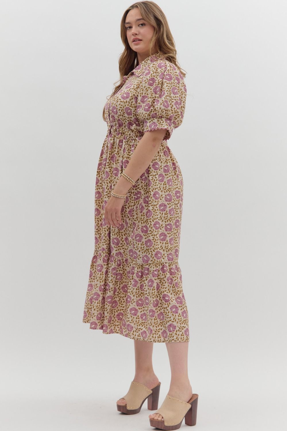 Women's cream button front midi dress with purple floral print by Entro in Plus showing side view