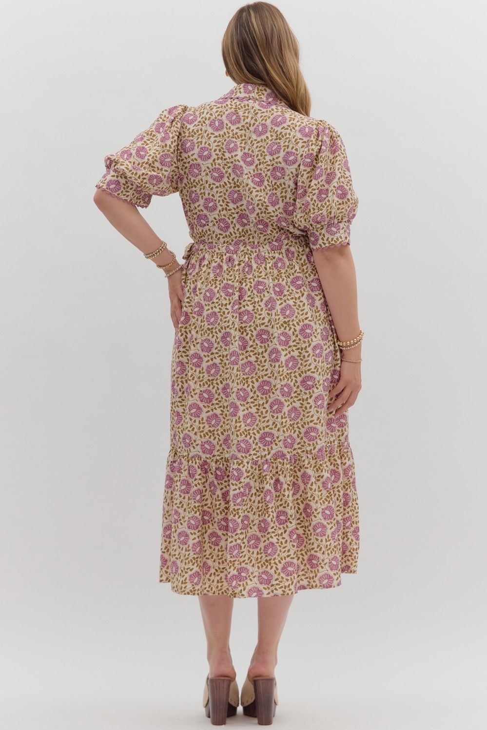Women's cream button front midi dress with purple floral print by Entro in Plus showing back view